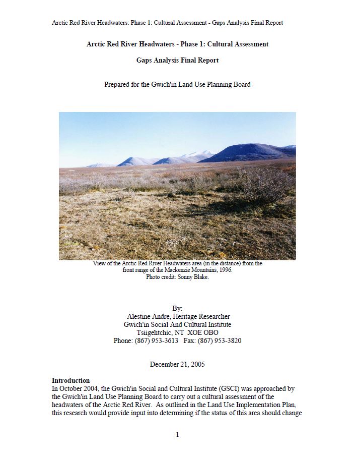 Arctic Red River Headwaters Phase I Cultural Assessment - Gaps Analysis Report cover
